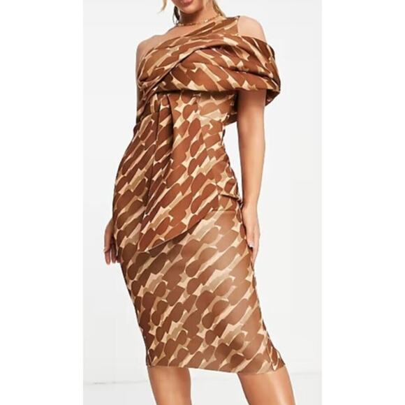 ASOS Design Dress Peekaboo Shoulder Tuck Pencil Midi Geo Print Brown Tan 0 NWOY - Picture 1 of 10